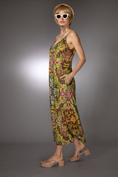 ST- Botanical Illustrations Prints Brown Slip Maxi Dress