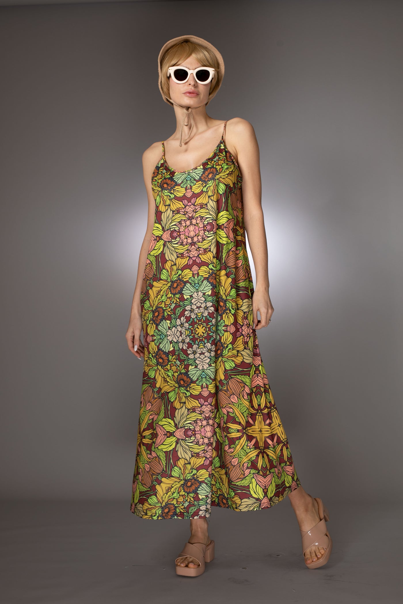 ST- Botanical Illustrations Prints Brown Slip Maxi Dress