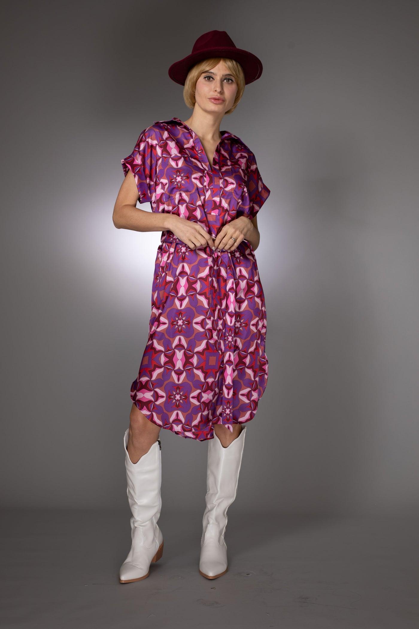 ST- Purple Abstract Print Spread Collar Shirtdress