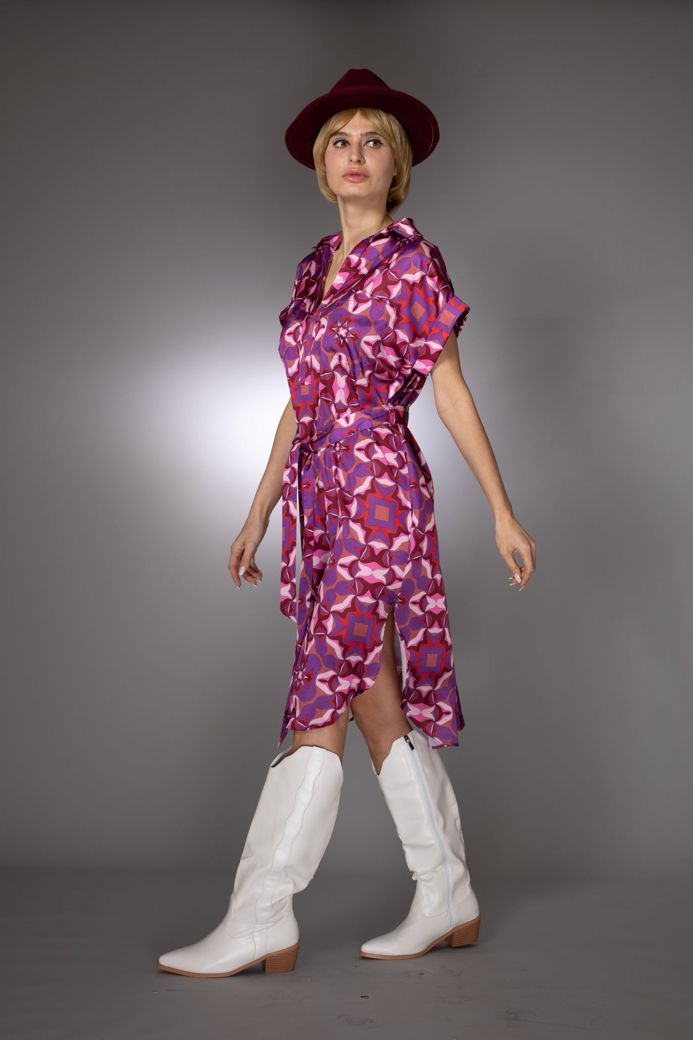 ST- Purple Abstract Print Spread Collar Shirtdress