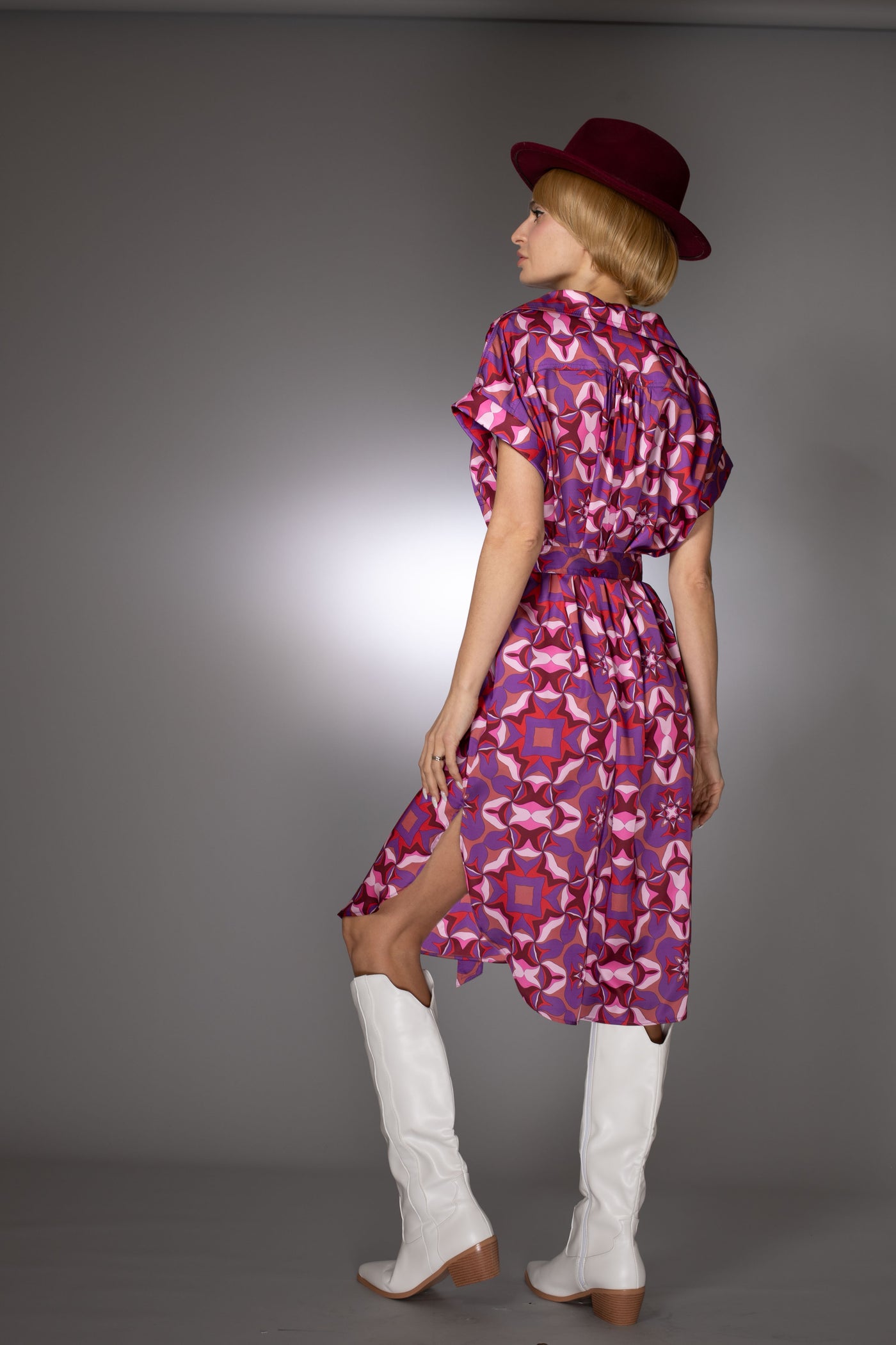 ST- Purple Abstract Print Spread Collar Shirtdress