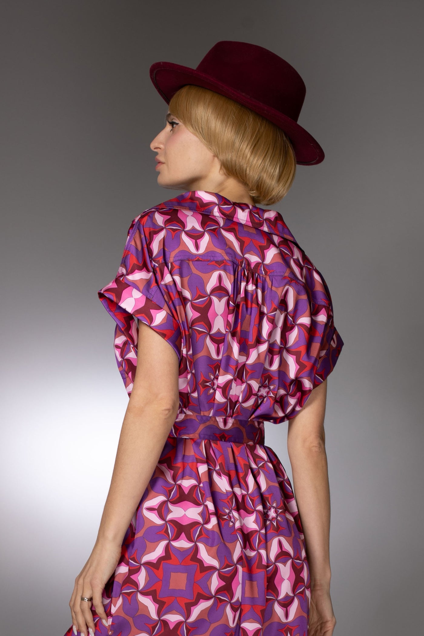 ST- Purple Abstract Print Spread Collar Shirtdress