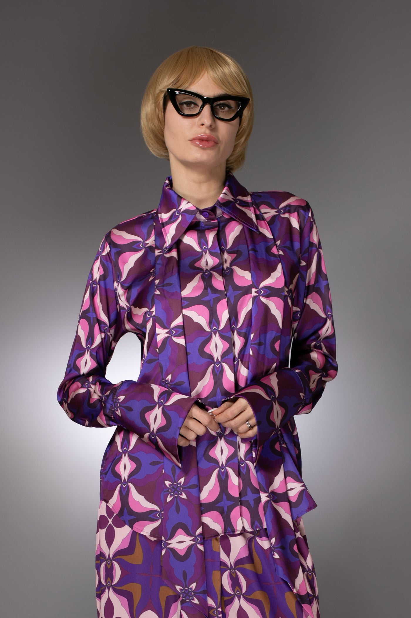 ST- Purple Duchess Satin Abstract Pattern Prints Shirt