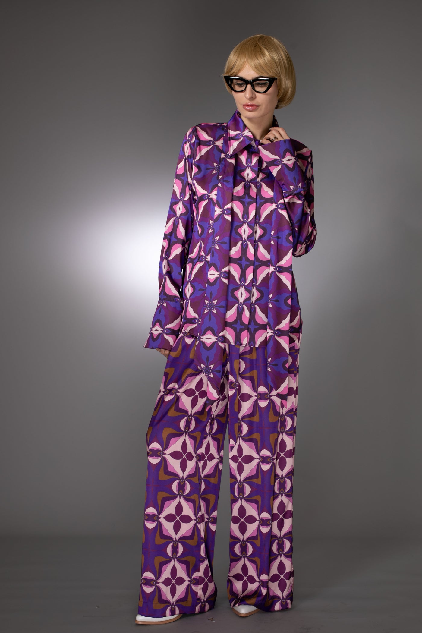 ST- Purple Duchess Satin Abstract Pattern Prints Shirt