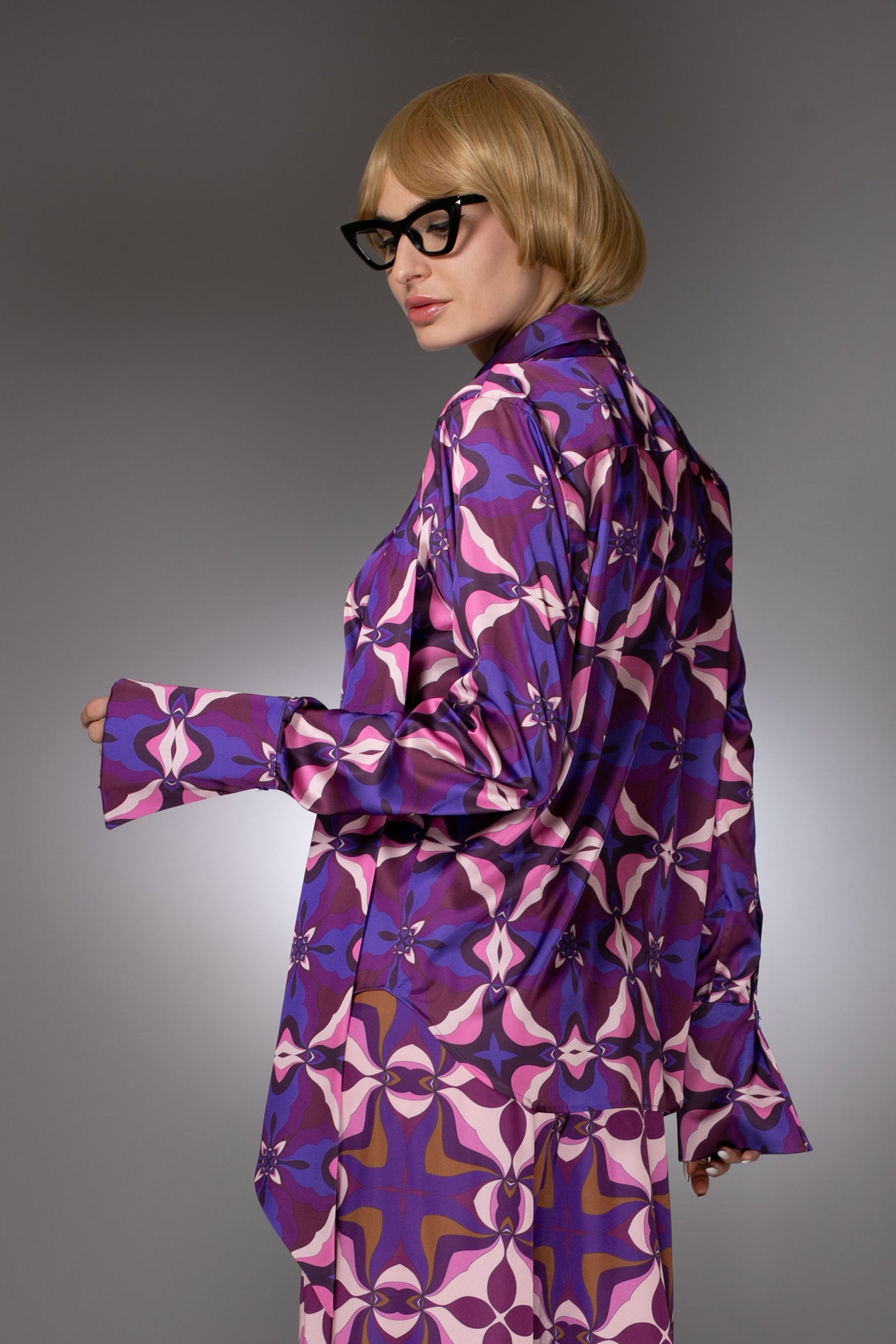 ST- Purple Duchess Satin Abstract Pattern Prints Shirt