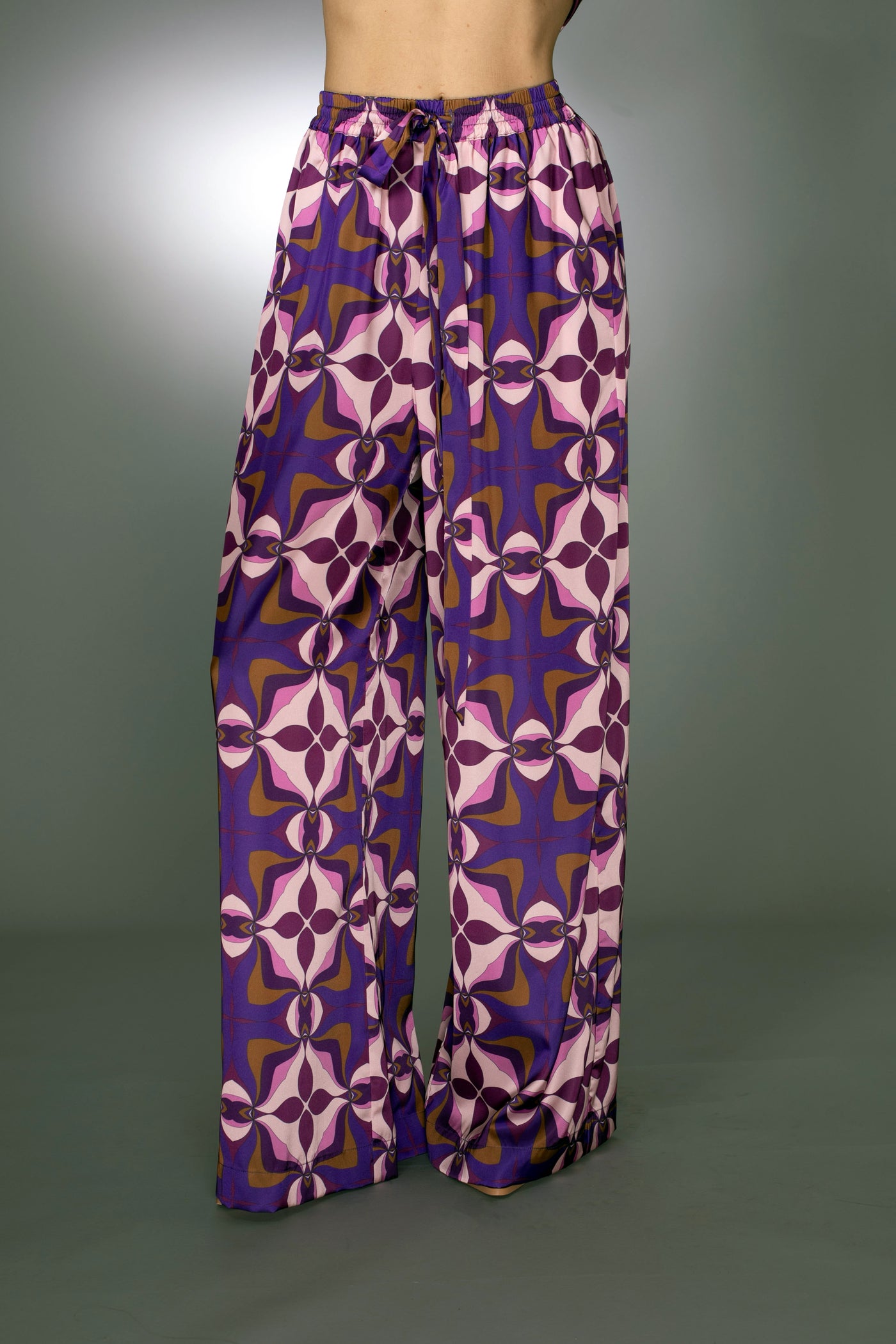 ST- Geometric Purple Stretch Satin Drawstring Pants