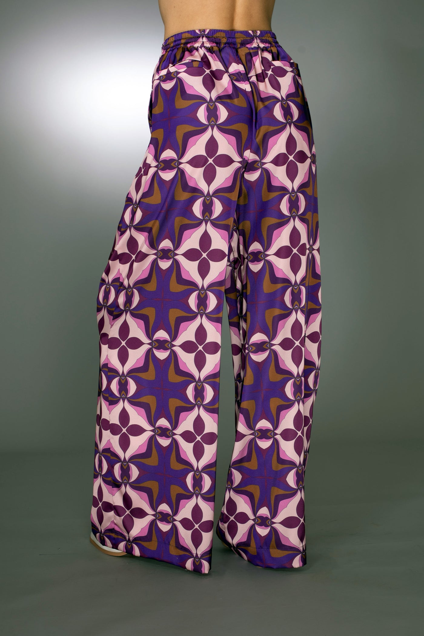 ST- Geometric Purple Stretch Satin Drawstring Pants