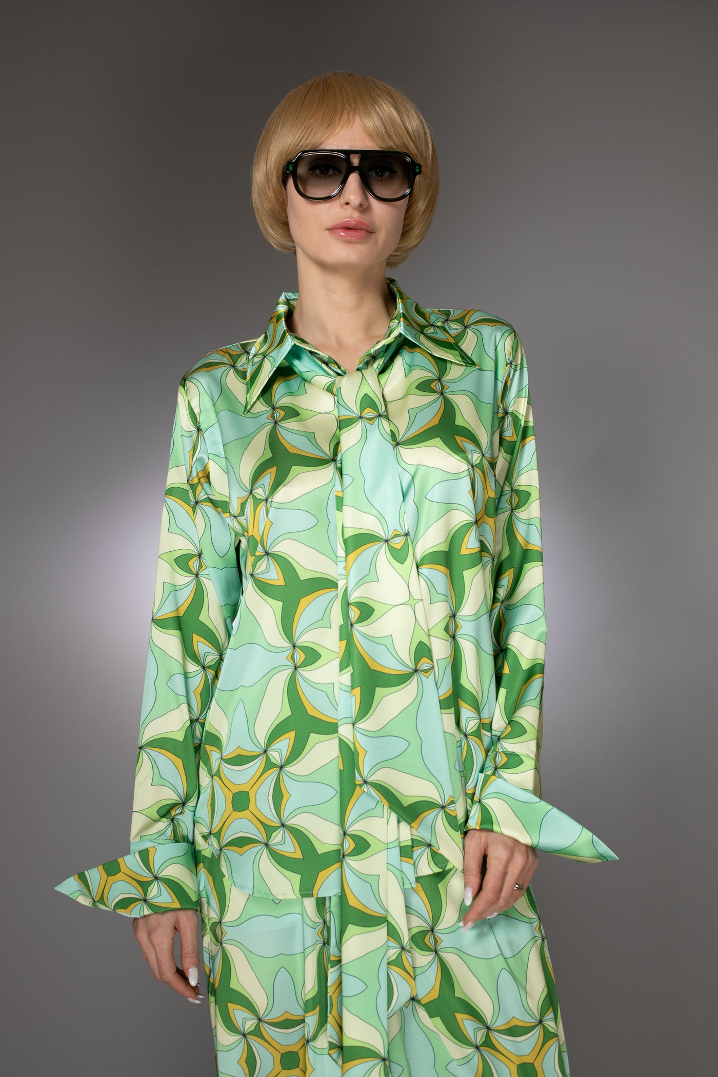 ST- Mint Duchess Satin Floral Pattern Prints Shirt