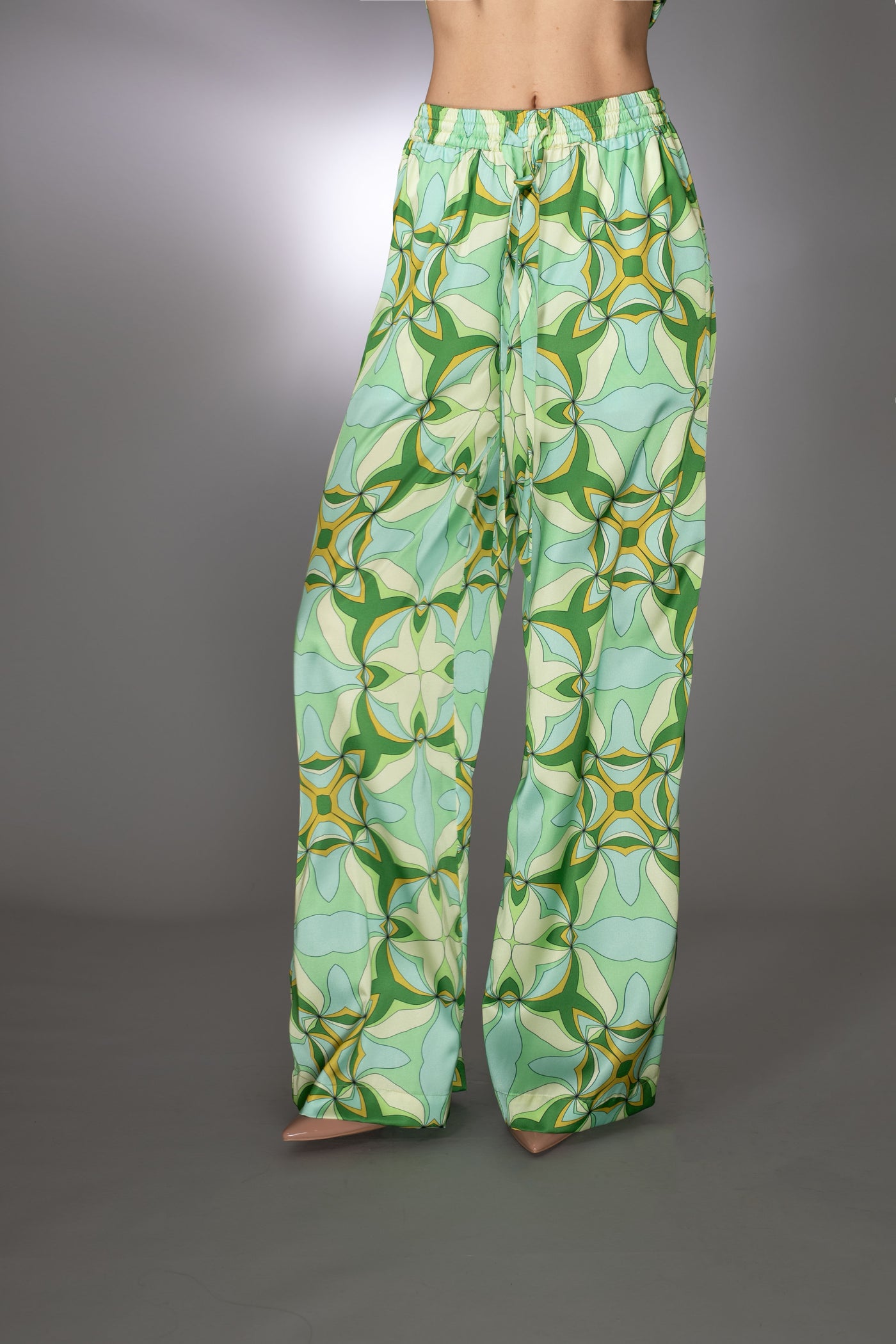 ST- Geometric Light Green Stretch Satin Drawstring Pants