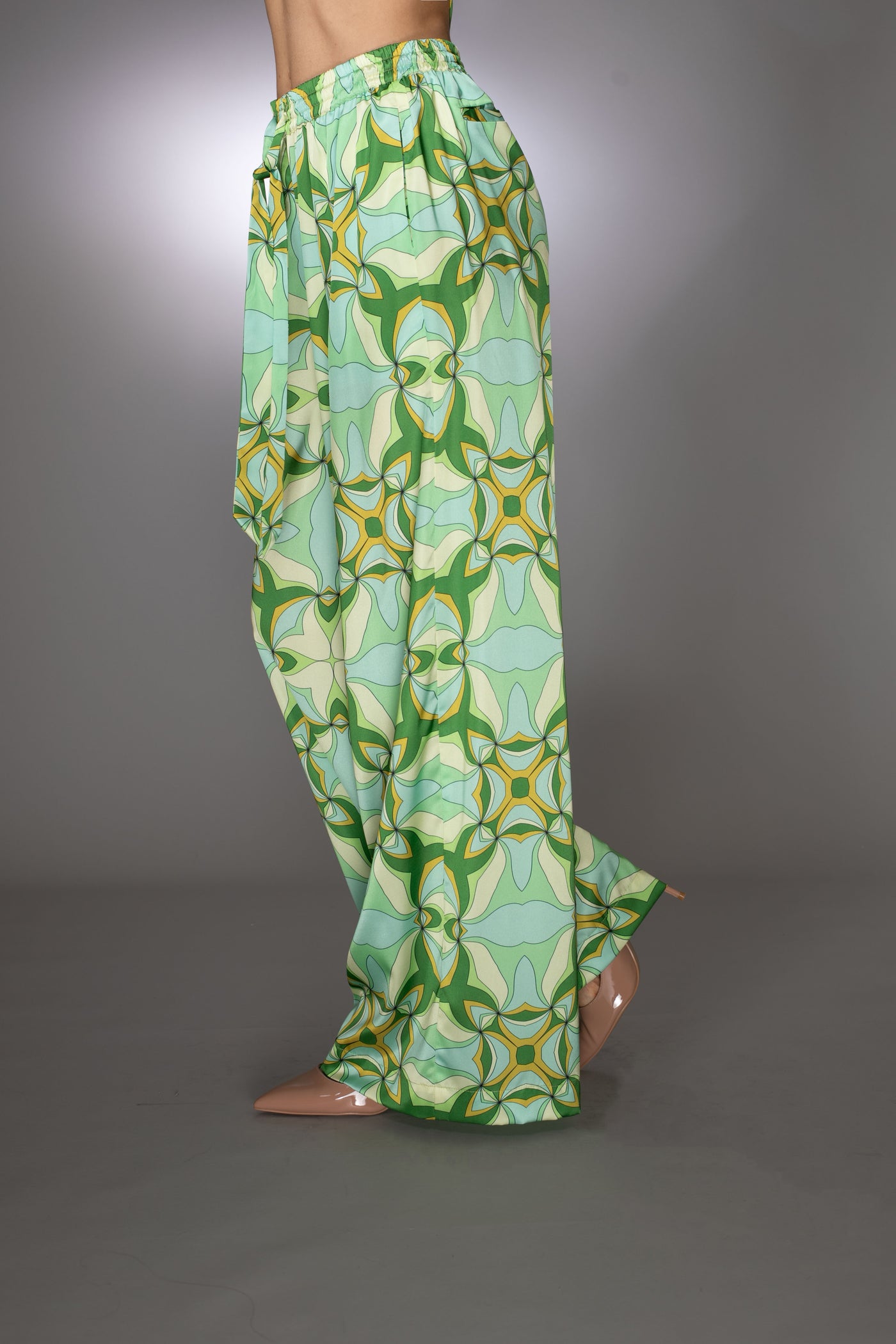 ST- Geometric Light Green Stretch Satin Drawstring Pants