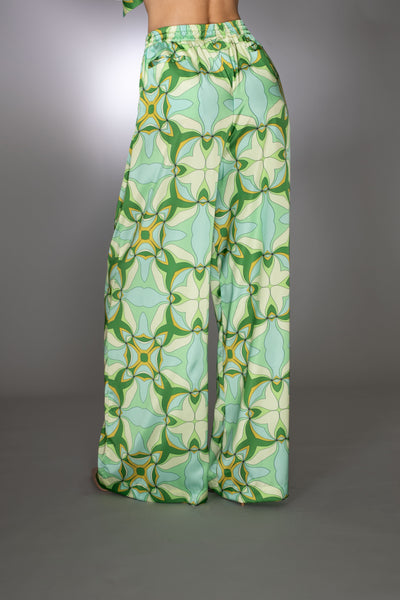 ST- Geometric Light Green Stretch Satin Drawstring Pants