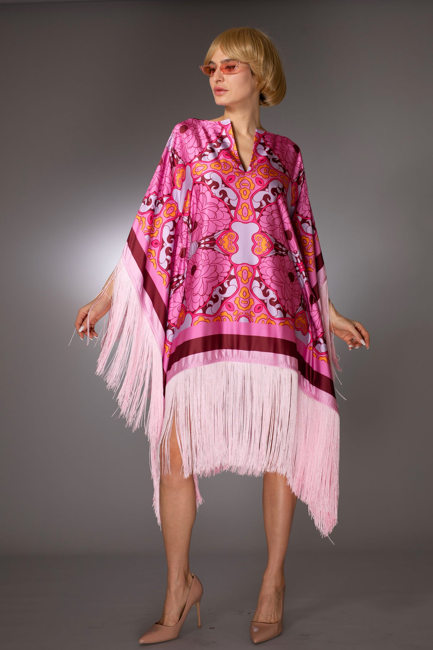 ST- Pink Floral Fringed Satin Short Kaftan Dress