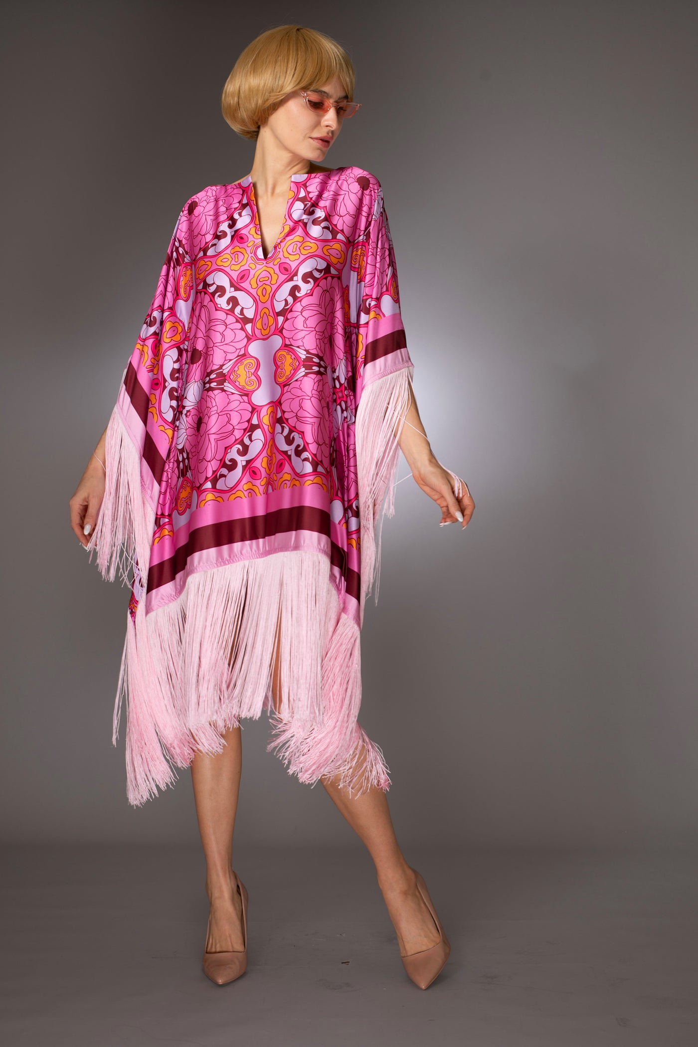 ST- Pink Floral Fringed Satin Short Kaftan Dress