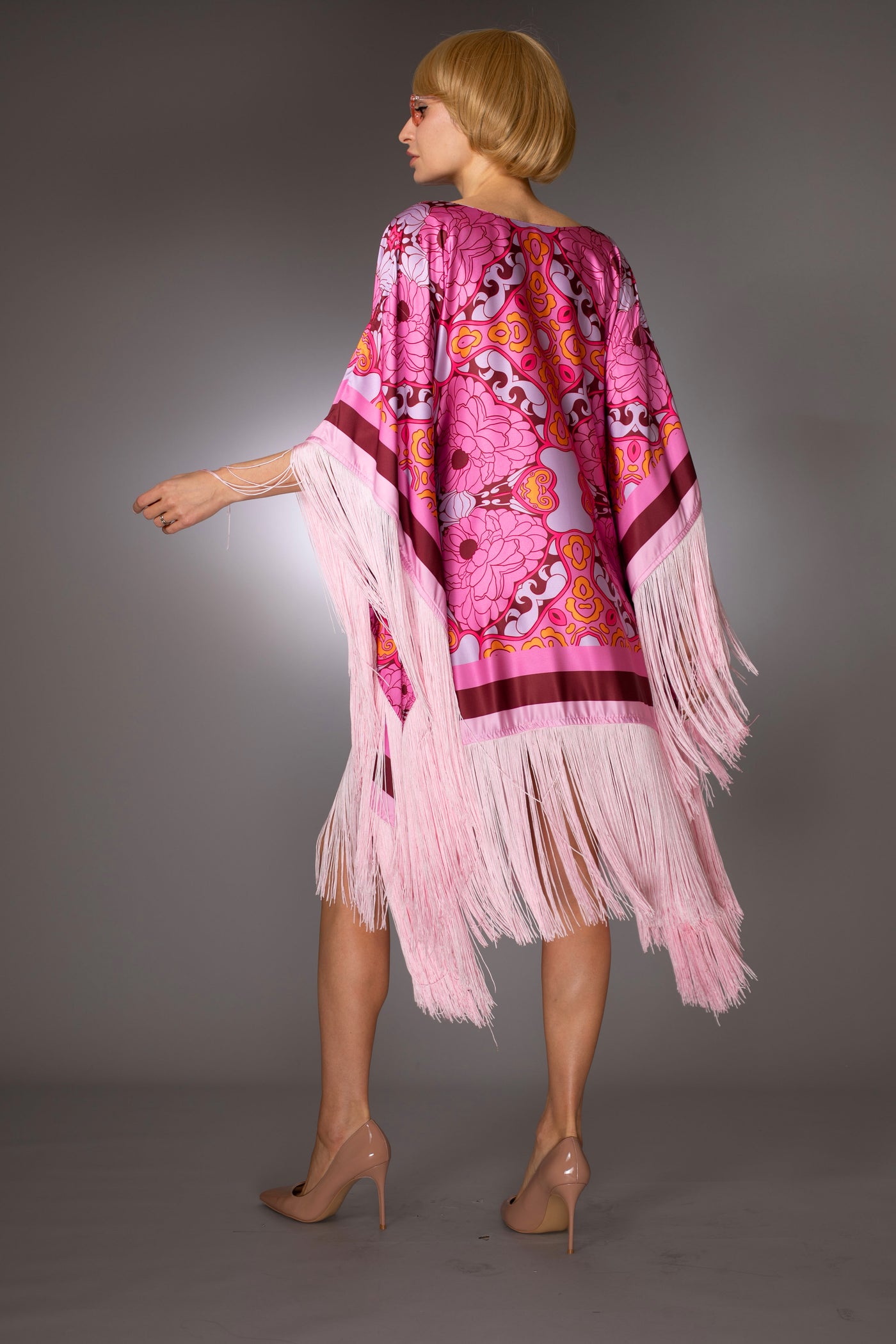 ST- Pink Floral Fringed Satin Short Kaftan Dress