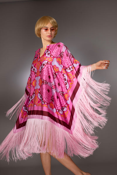 ST- Pink Floral Fringed Satin Short Kaftan Dress