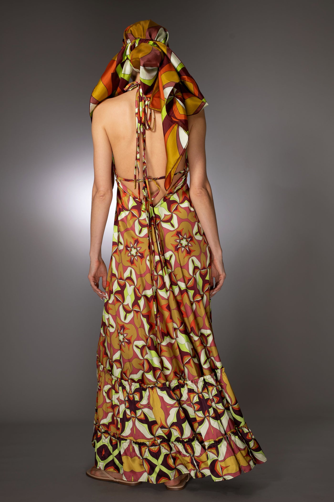 ST- Golden Sleeveless Print Ruffle Satin Maxi Dress