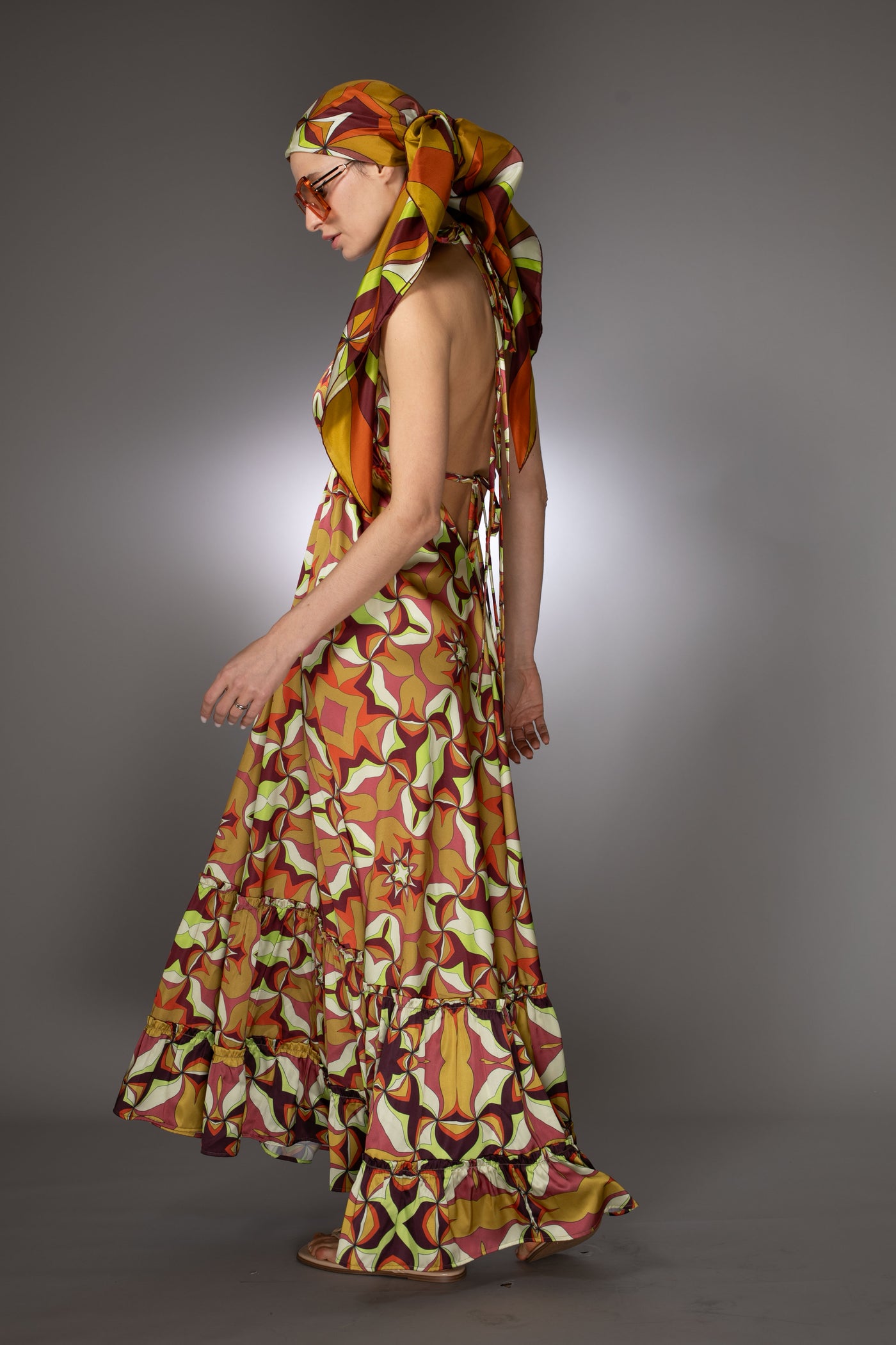 ST- Golden Sleeveless Print Ruffle Satin Maxi Dress