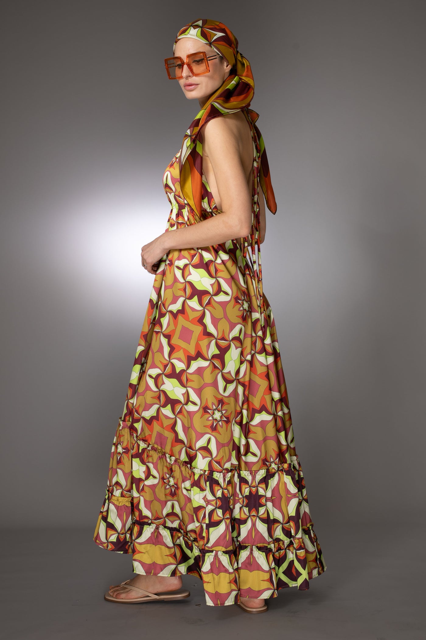 ST- Golden Sleeveless Print Ruffle Satin Maxi Dress