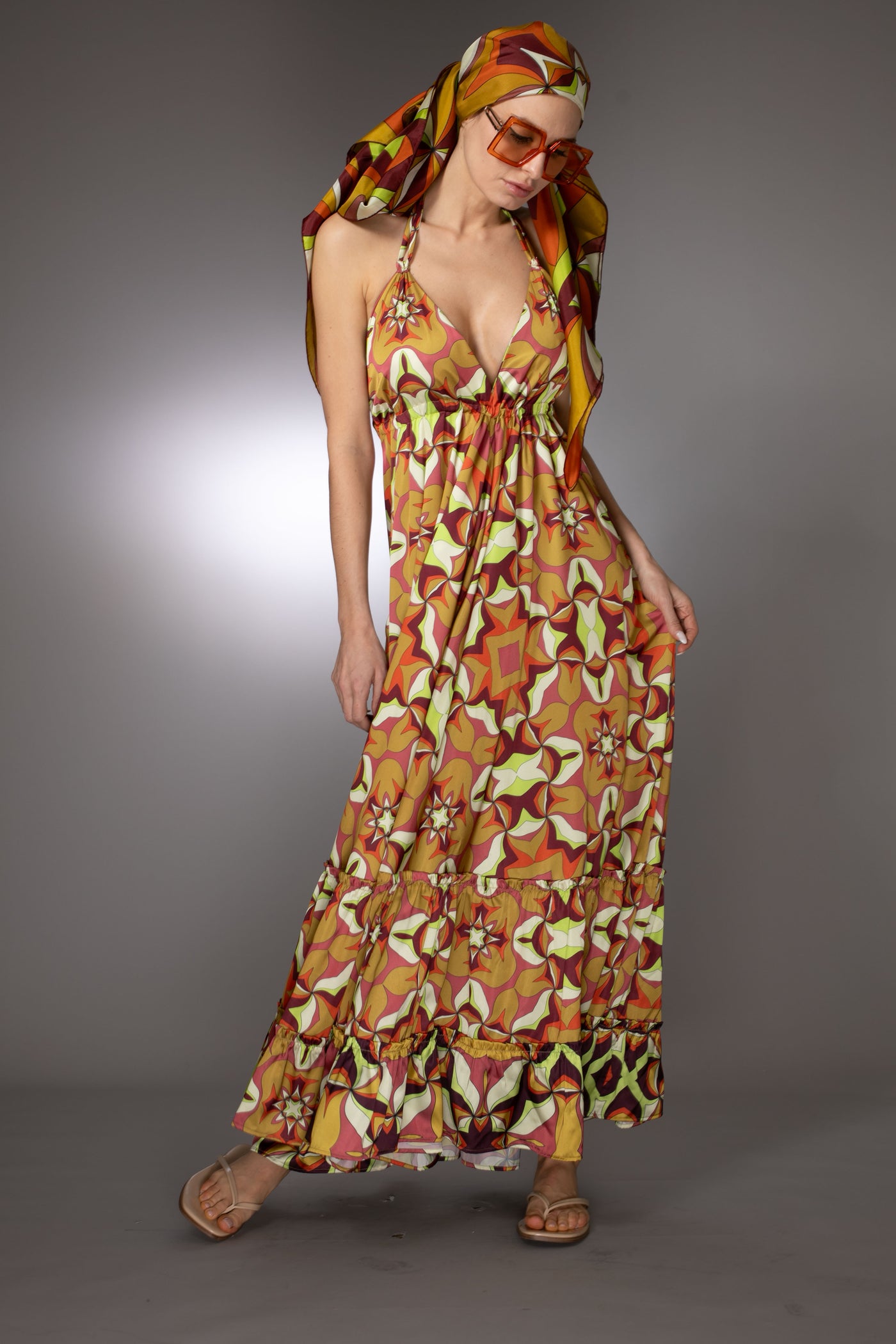 ST- Golden Sleeveless Print Ruffle Satin Maxi Dress