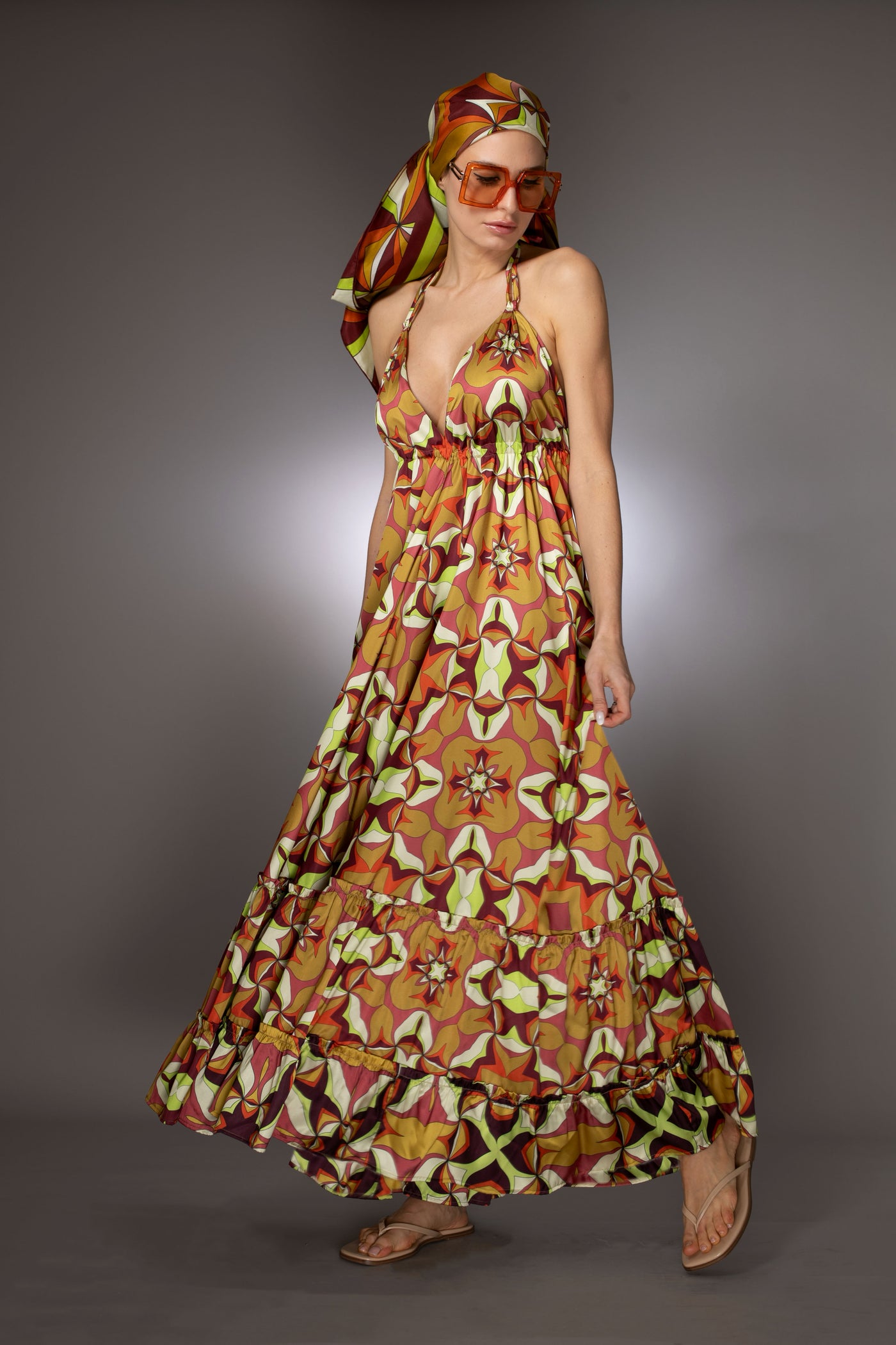 ST- Golden Sleeveless Print Ruffle Satin Maxi Dress