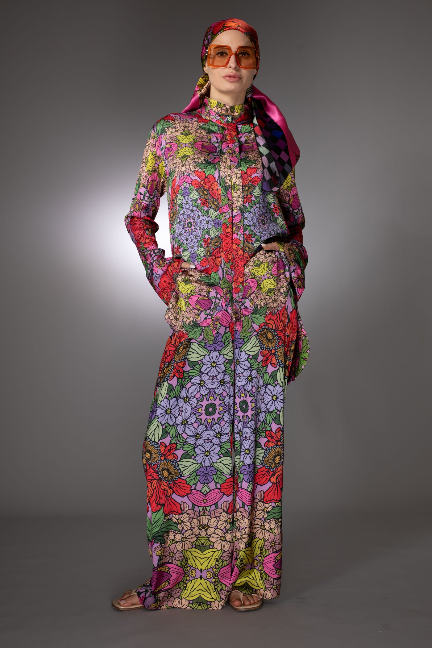 ST- Red Garden Print High-Low Satin Nuvula Tunic