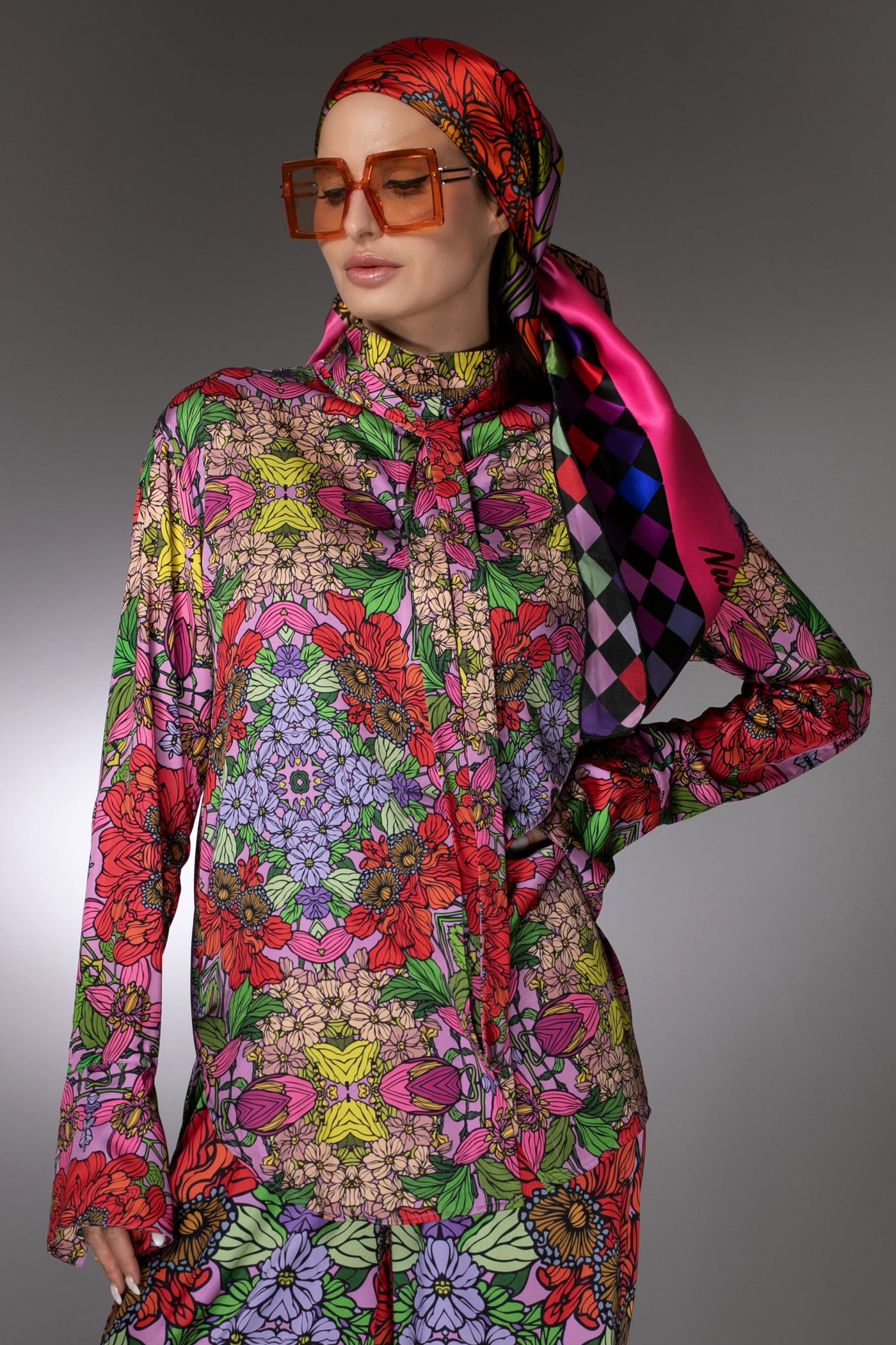 ST- Red Garden Print High-Low Satin Nuvula Tunic