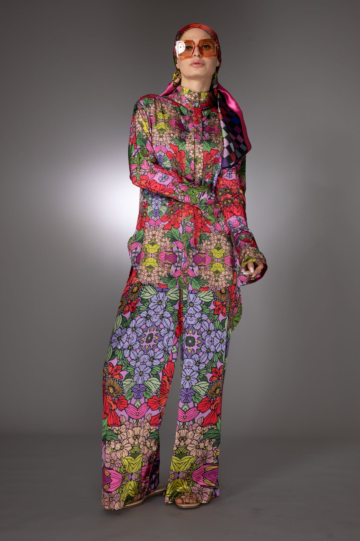 ST- Red Garden Print High-Low Satin Nuvula Tunic