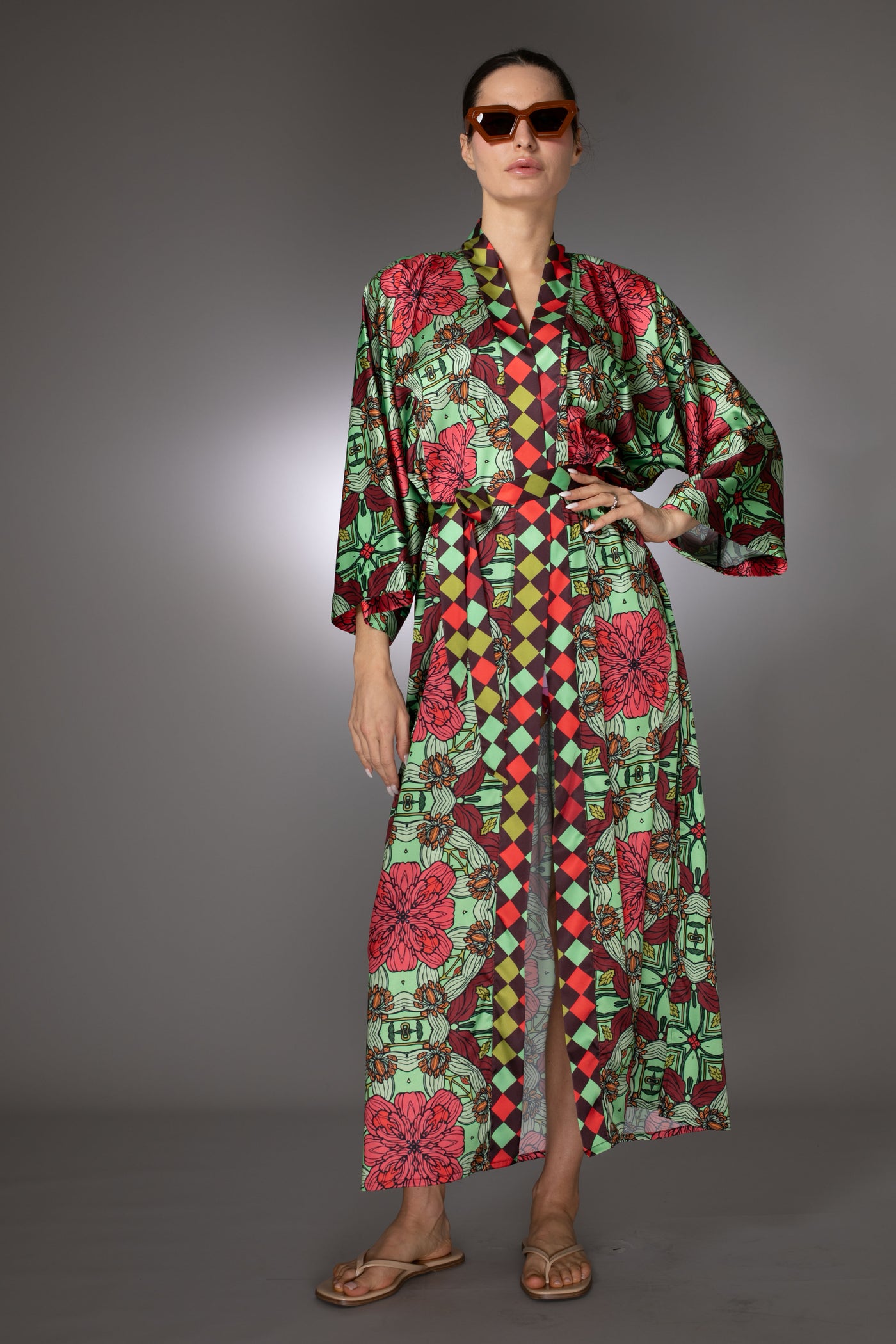 ST- Mint Burgundy Duchess Floral Satin Kimono