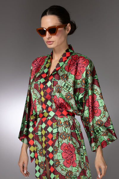 ST- Mint Burgundy Duchess Floral Satin Kimono