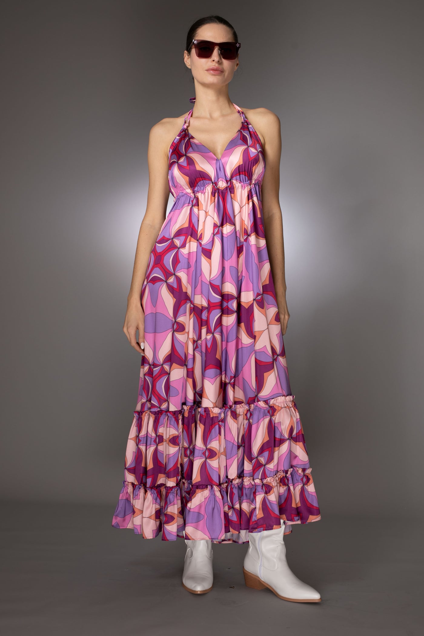 ST- Purple Sleeveless Print Ruffle Satin Maxi Dress