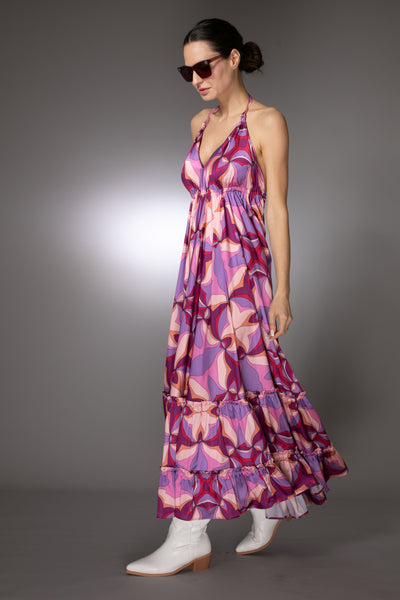 ST- Purple Sleeveless Print Ruffle Satin Maxi Dress