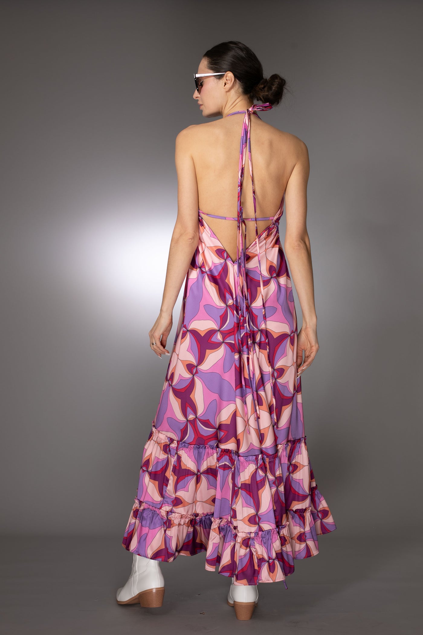 ST- Purple Sleeveless Print Ruffle Satin Maxi Dress