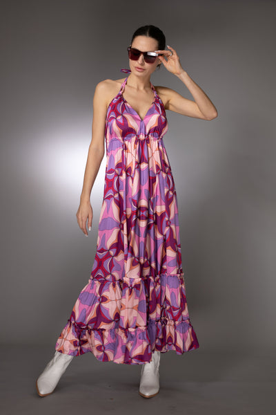 ST- Purple Sleeveless Print Ruffle Satin Maxi Dress