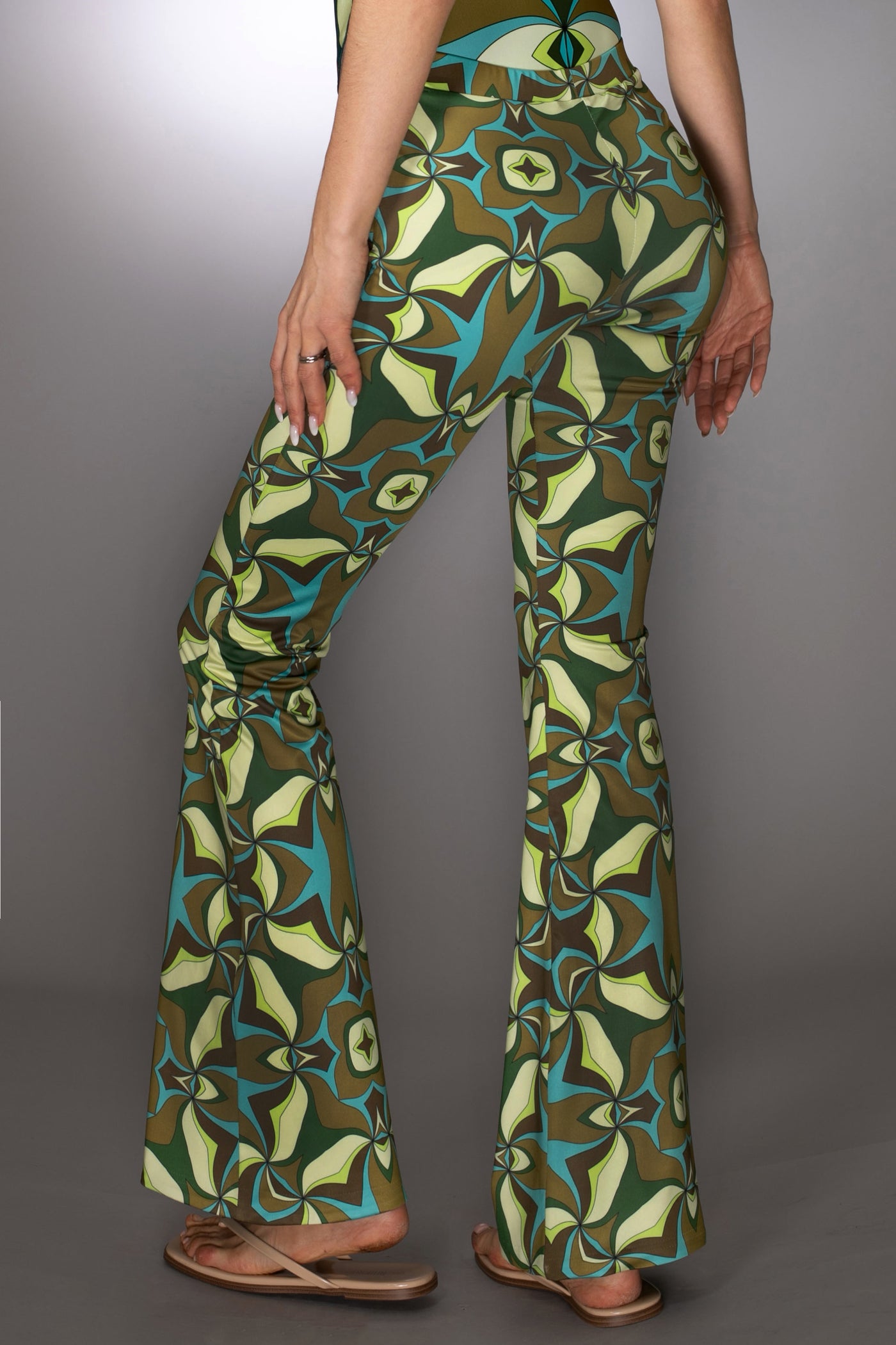 ST- Abstract Print Green Multi Flared Trousers