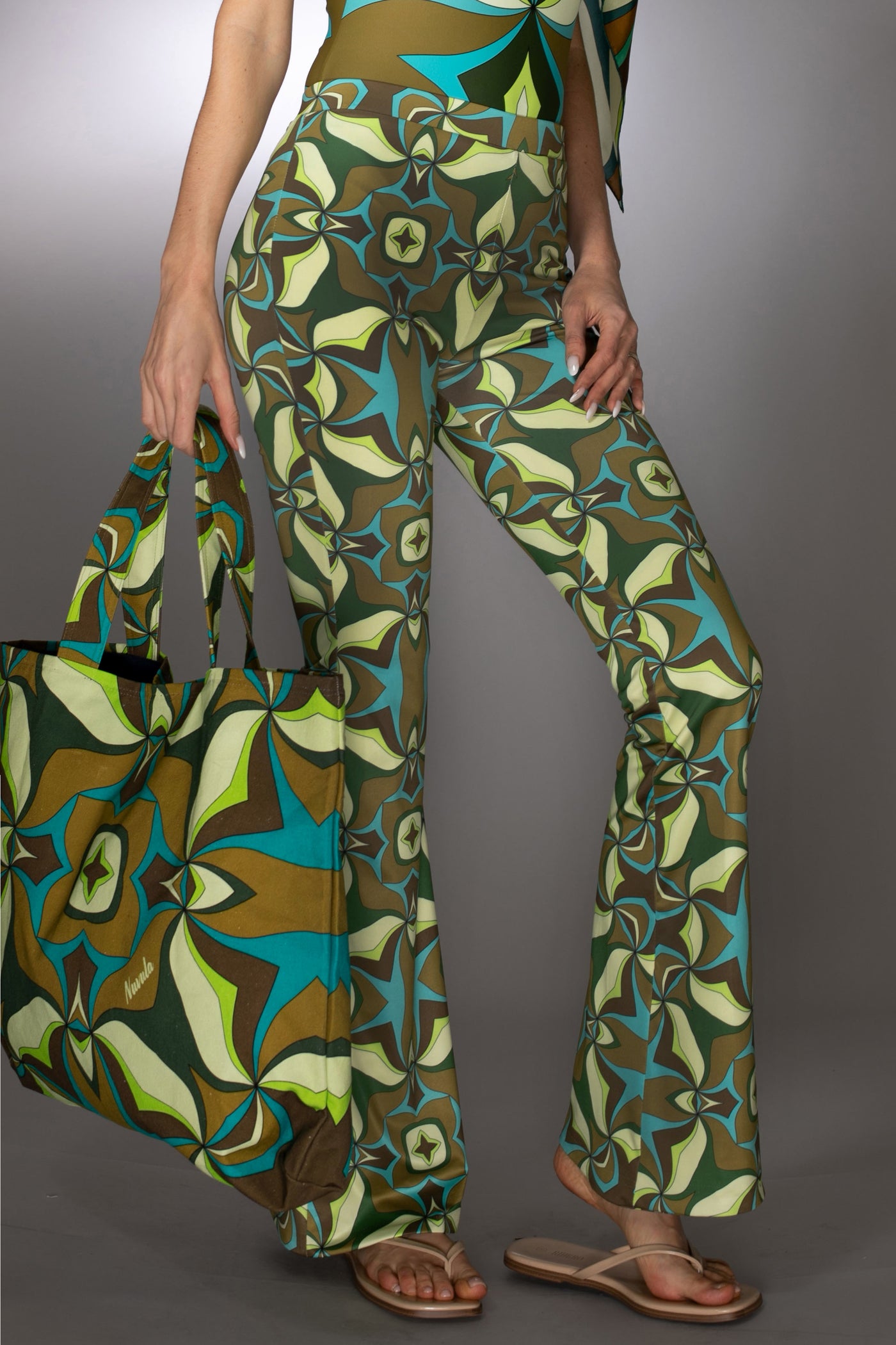 ST- Abstract Print Green Multi Flared Trousers