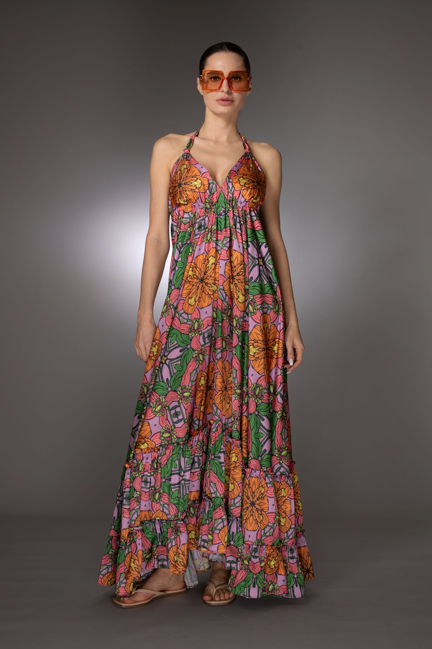 ST- Exotic Sleeveless Print Ruffle Satin Maxi Dress