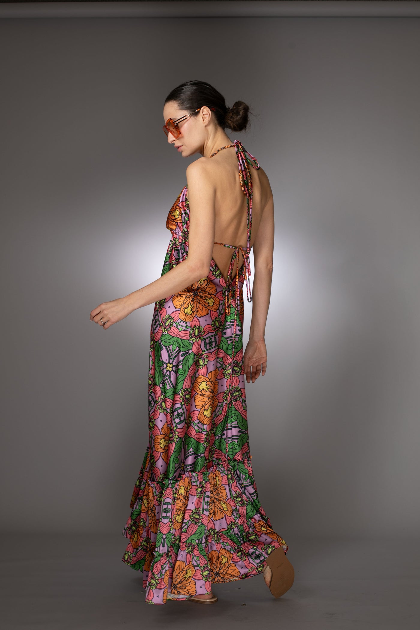 ST- Exotic Sleeveless Print Ruffle Satin Maxi Dress