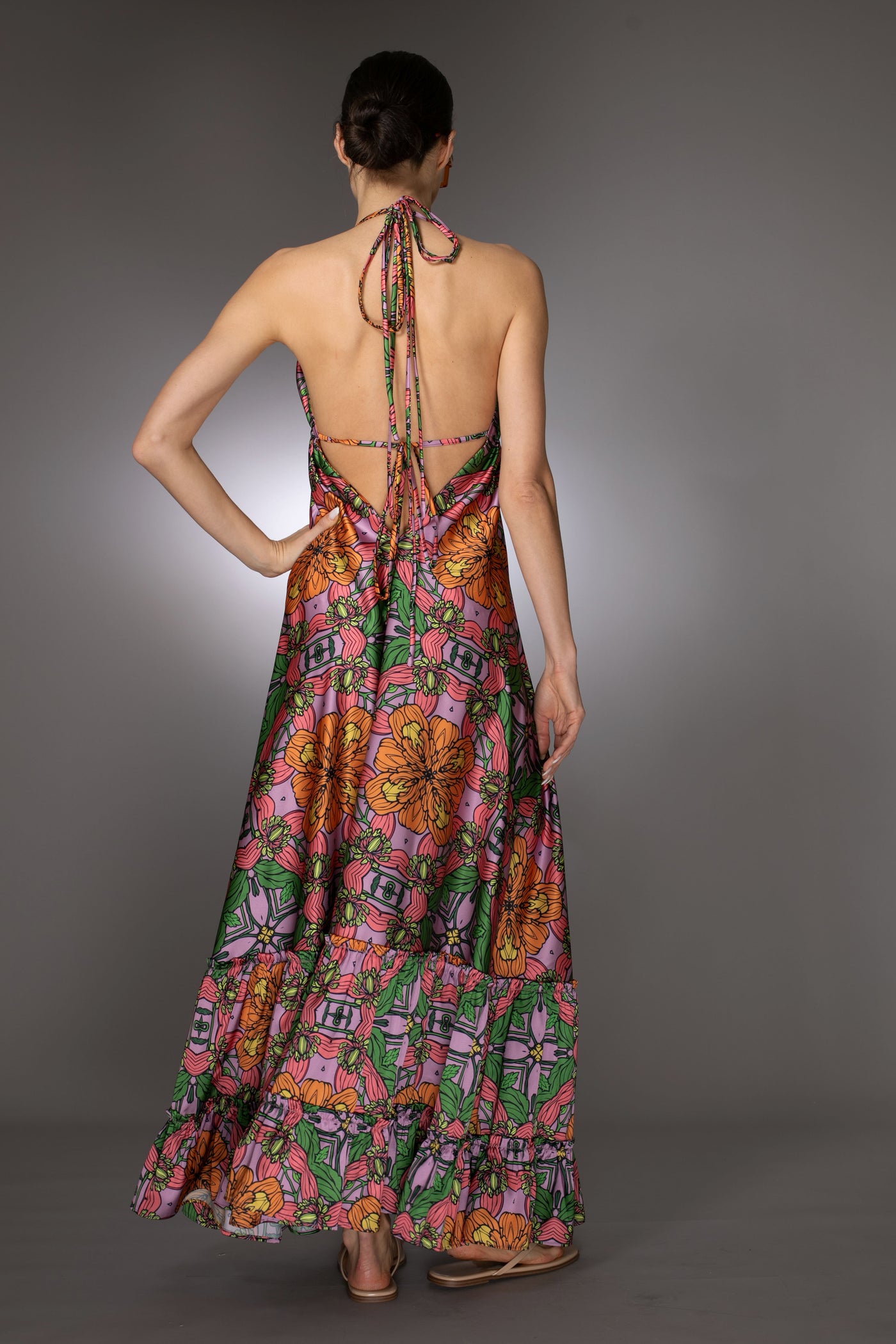 ST- Exotic Sleeveless Print Ruffle Satin Maxi Dress