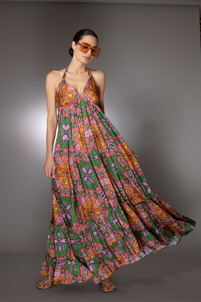 ST- Exotic Sleeveless Print Ruffle Satin Maxi Dress