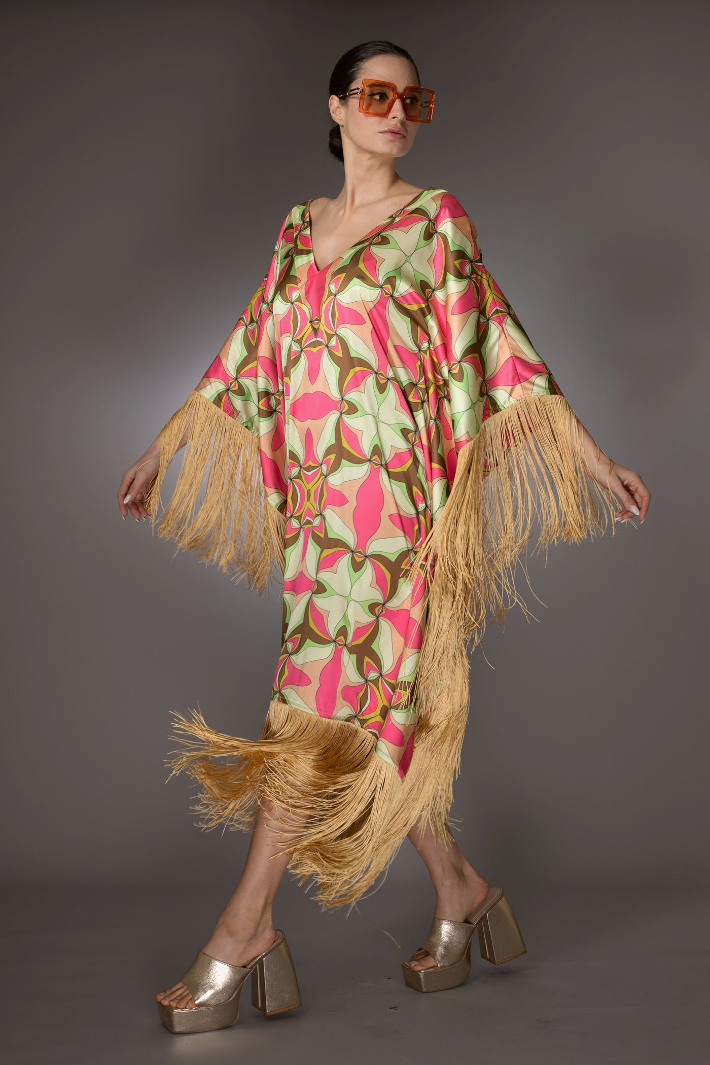 ST- Pink Geometric Fringed Satin Long Kaftan Dress