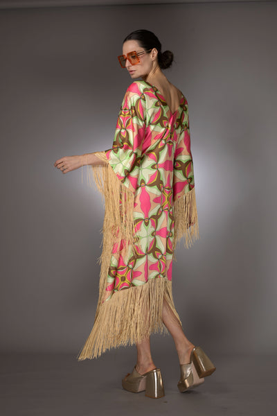 ST- Pink Geometric Fringed Satin Long Kaftan Dress