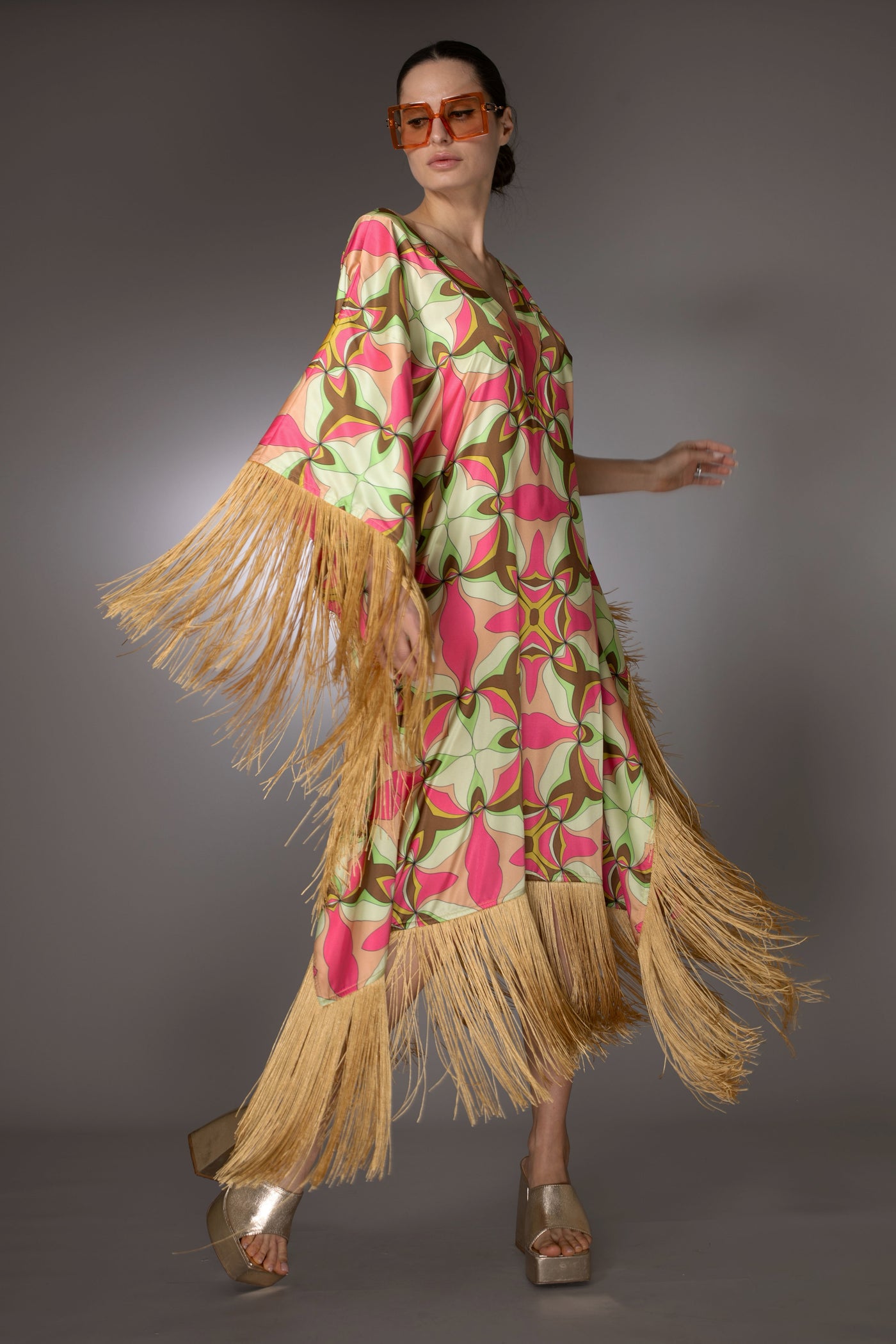 ST- Pink Geometric Fringed Satin Long Kaftan Dress