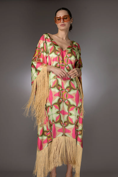 ST- Pink Geometric Fringed Satin Long Kaftan Dress