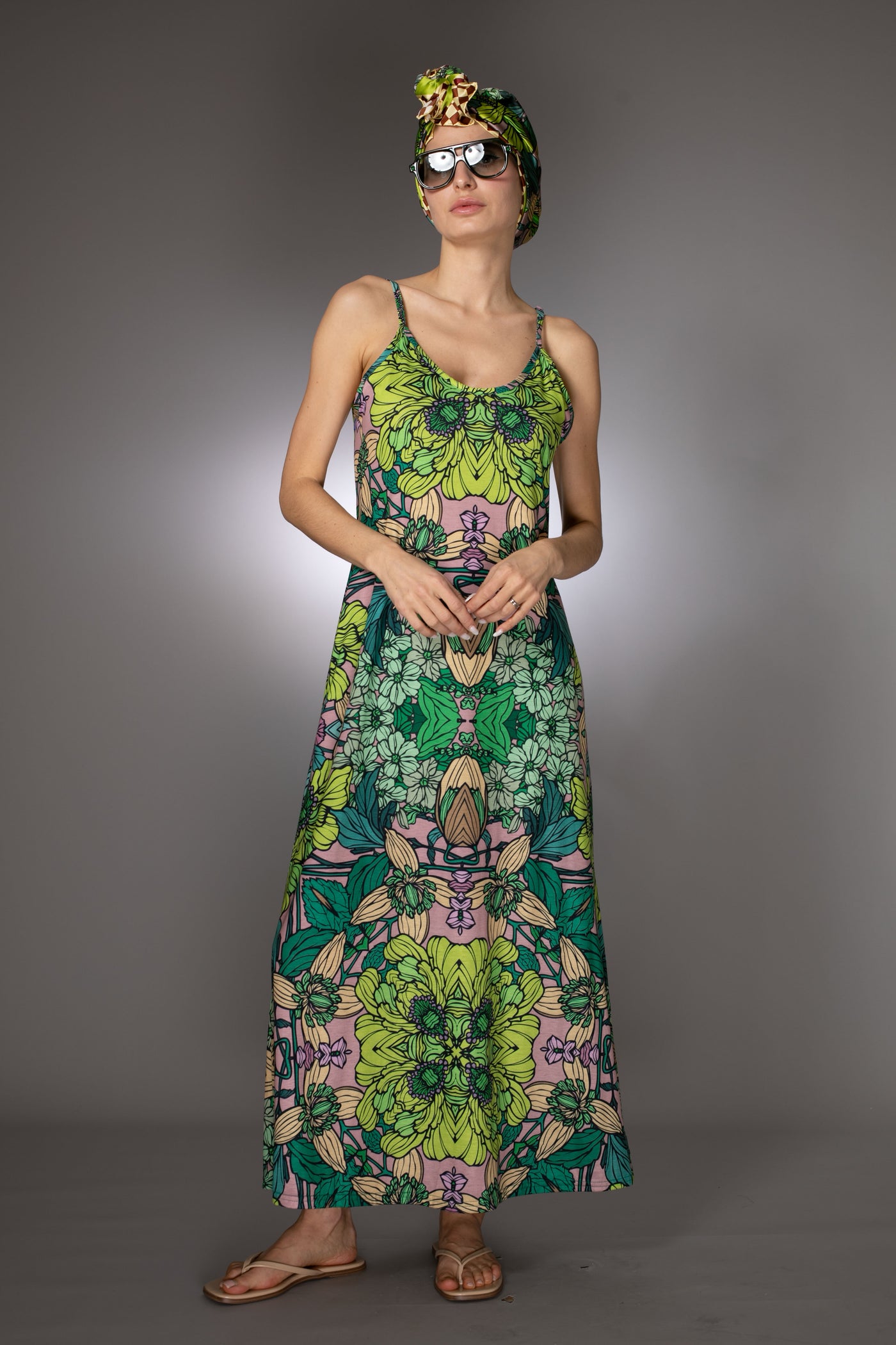 ST- Botanical Illustrations Prints Green Garden Slip Maxi Dress