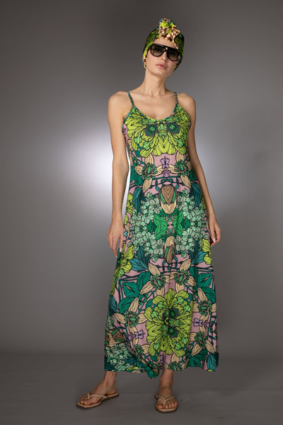 ST- Botanical Illustrations Prints Green Garden Slip Maxi Dress