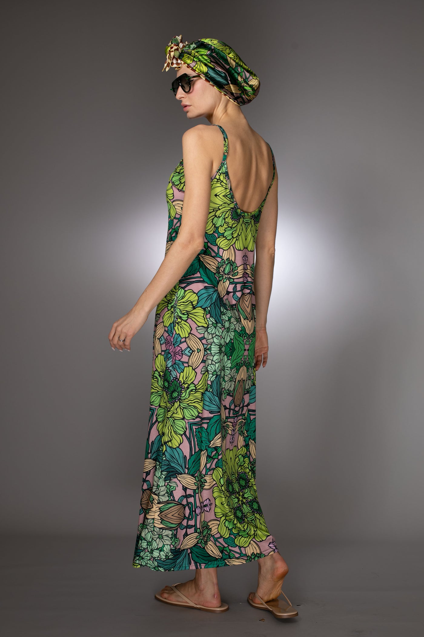 ST- Botanical Illustrations Prints Green Garden Slip Maxi Dress