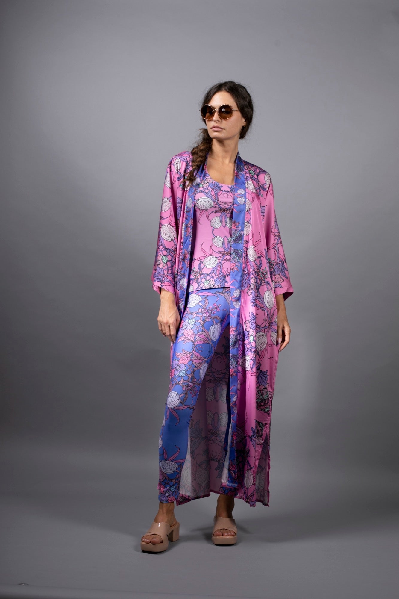 Crocus Pink Floral Satin Kimono