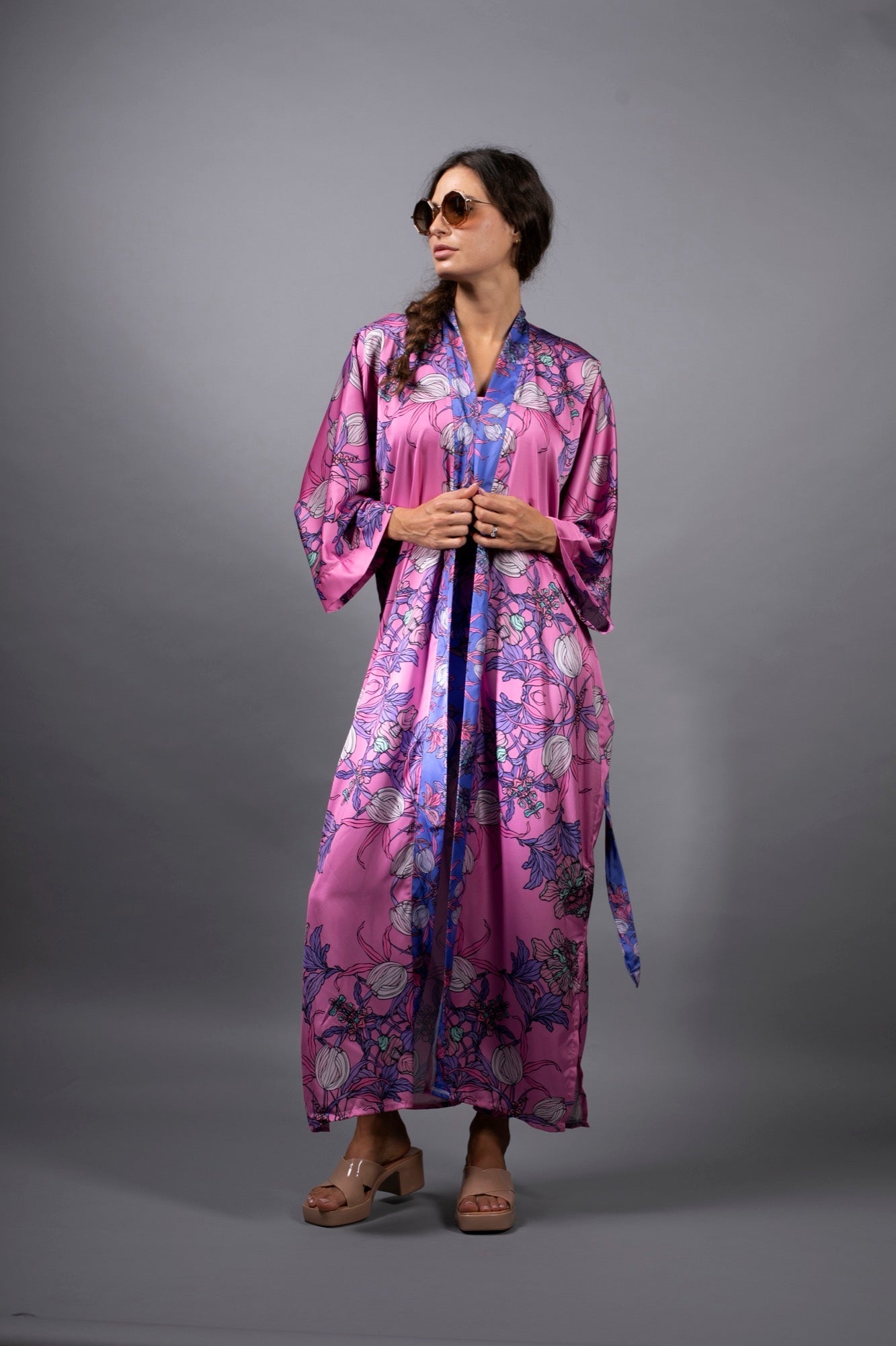 Crocus Pink Floral Satin Kimono