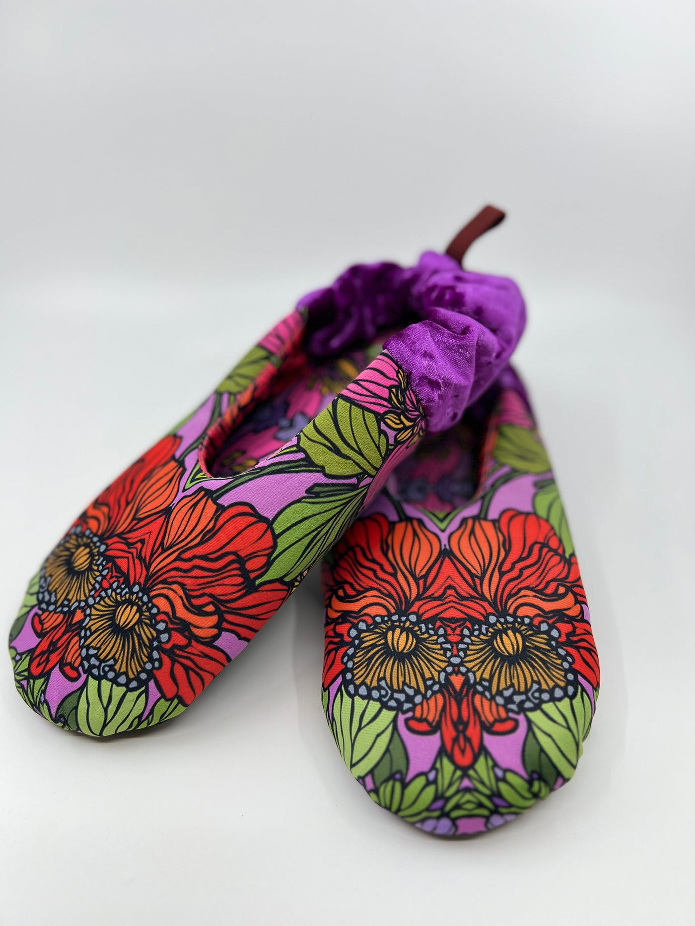 Red Garden Silken Satin Velvet Slippers