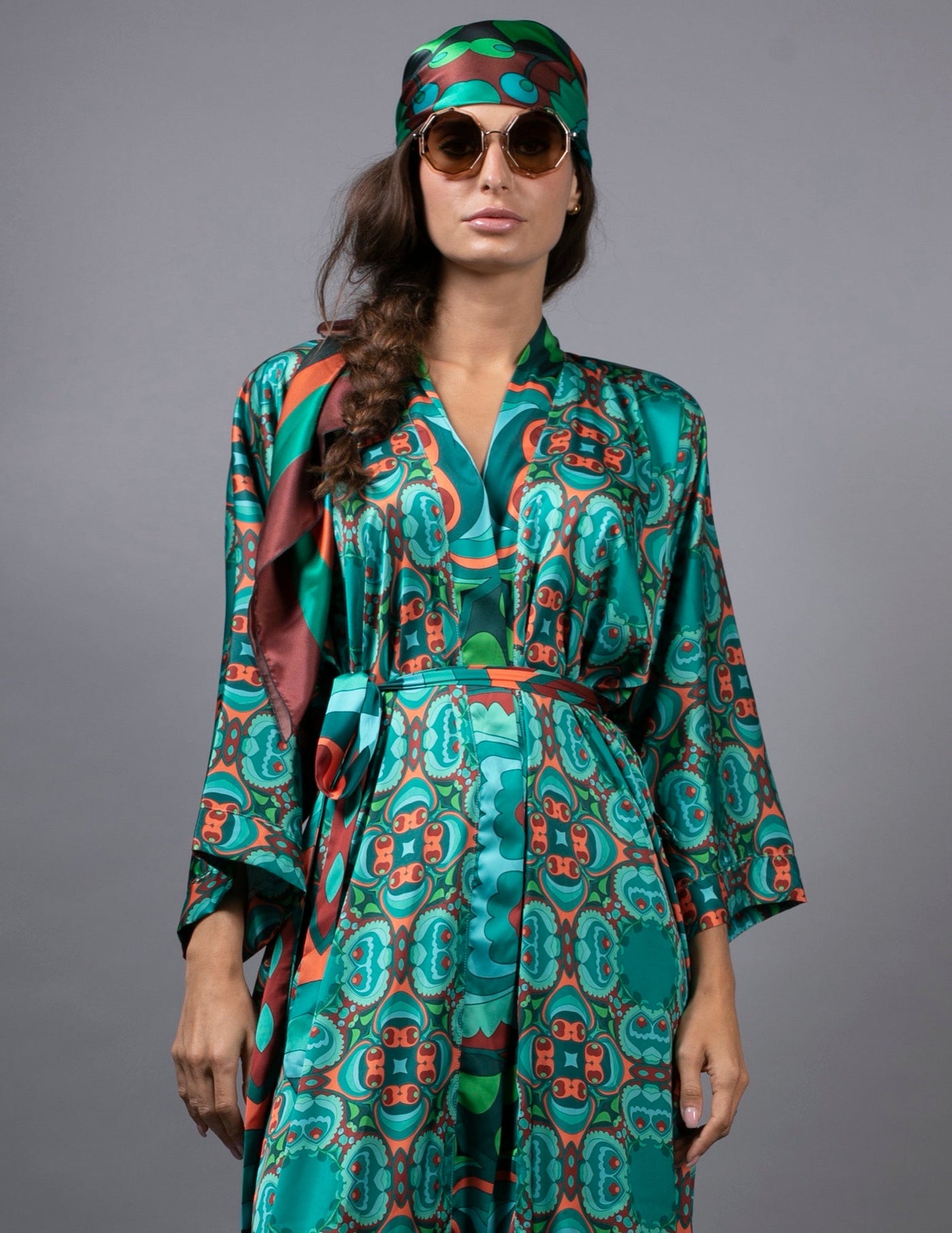 PSILOCYBIN FLORAL TEAL ORANGE LONG SATIN KIMONO